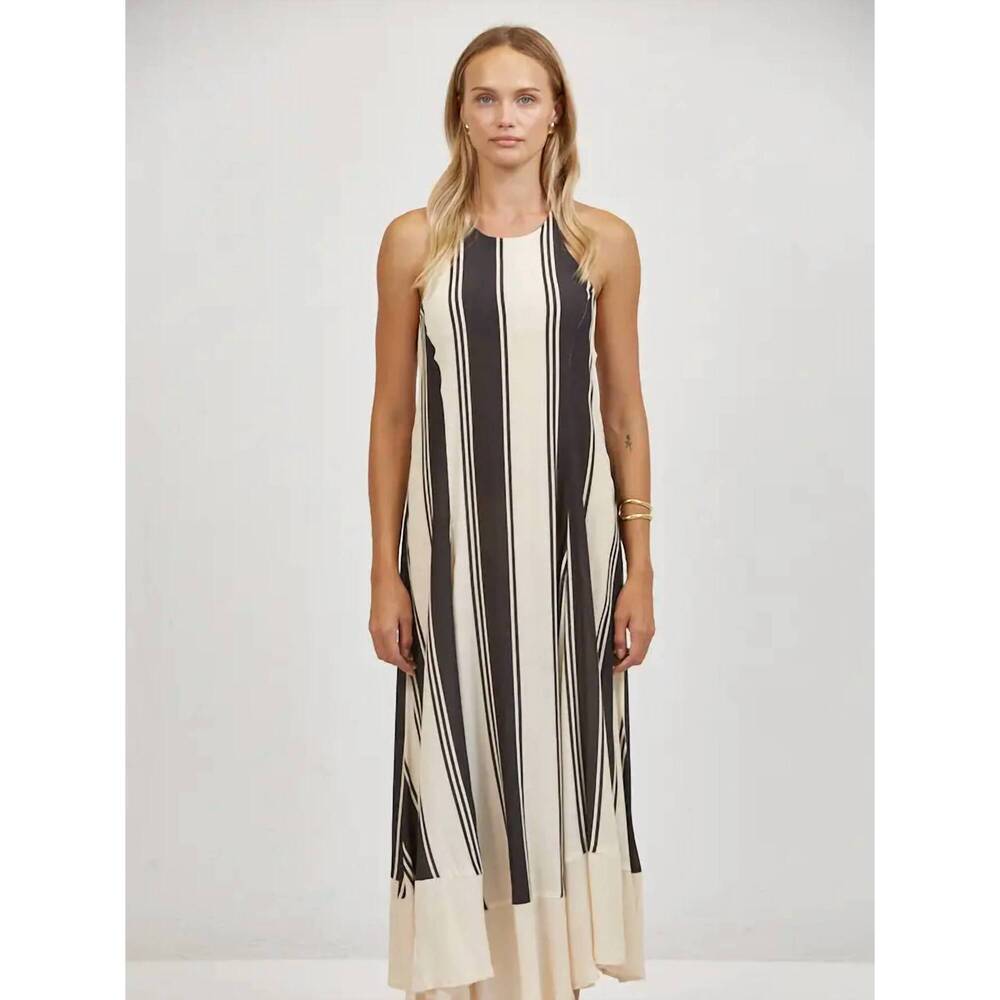 NEW A.REN striped halter neck sleeveless maxi dress in black